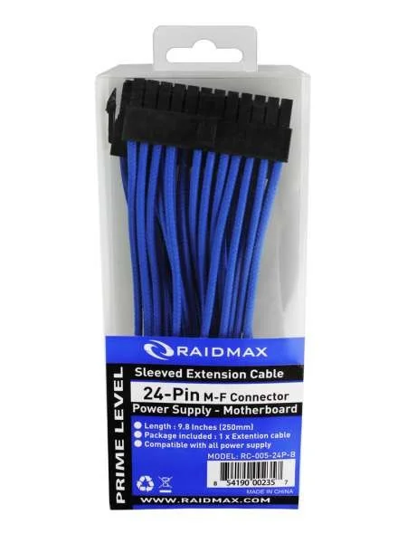 کابل افزایش طول 24 پین Raidmax، کانکتور مادگی به نری (منبع تغذیه به مادربرد)، آبی، 9.8 اینچ | RC-005-24P-Blue