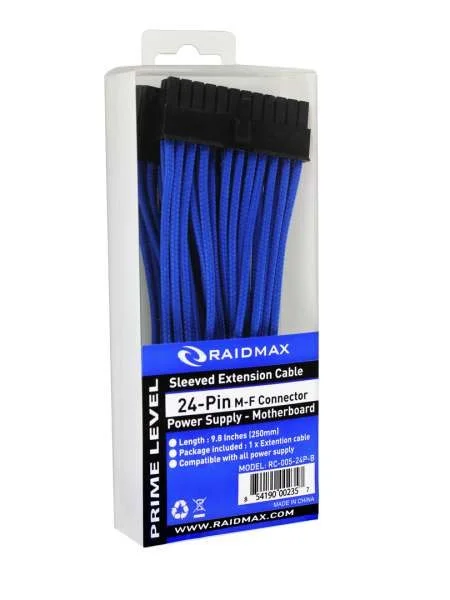 کابل افزایش طول 24 پین Raidmax، کانکتور مادگی به نری (منبع تغذیه به مادربرد)، آبی، 9.8 اینچ | RC-005-24P-Blue