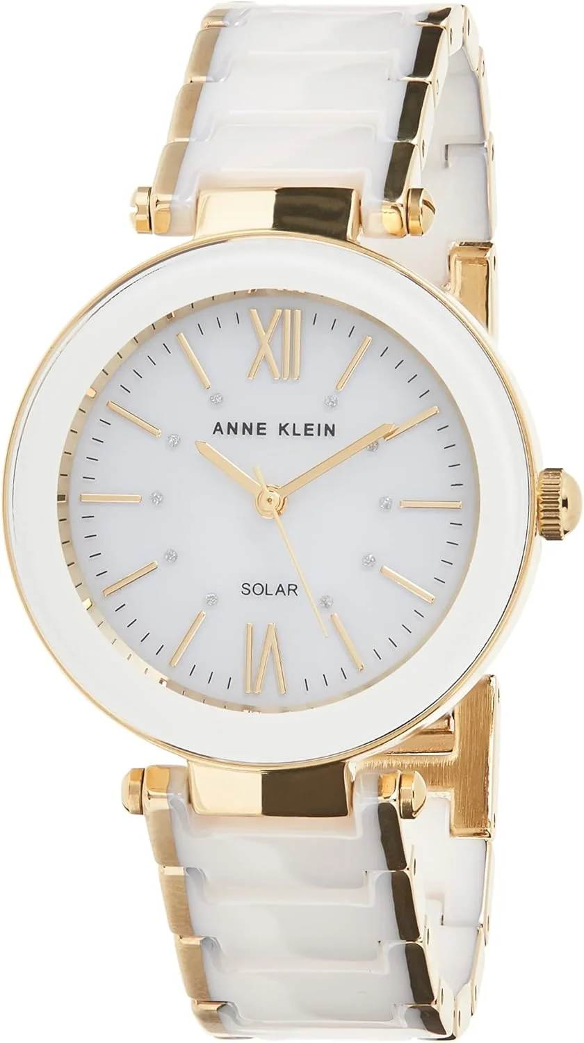 ساعت خورشیدی زنانه آنه کلاین با نمایشگر آنالوگ و دستبند سرامیکی AK3844WTGB سفید، سفید، دستبند