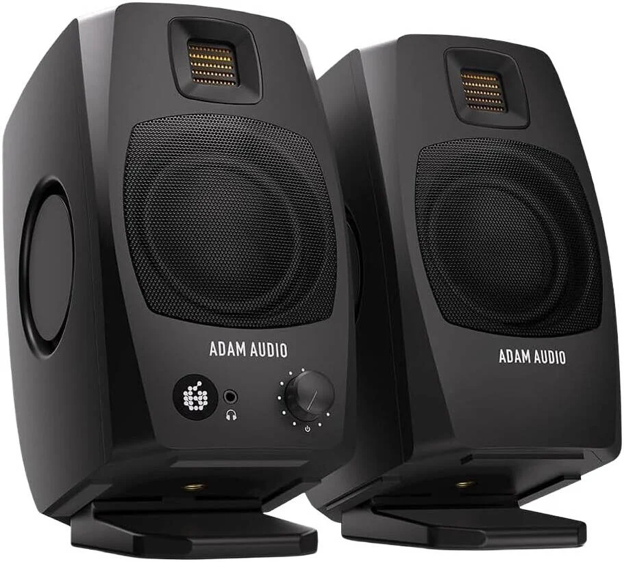 اسپیکرهای رومیزی ADAM AUDIO D3V، ووفر با قطر سبد 3.5 اینچ، نوع توییتر D-ART، رادیاتور دوگانه پسیو، اتصالات آنالوگ TRS، جنس مخروطی آلومینیومی یک تکه، مشکی | D3V-Black