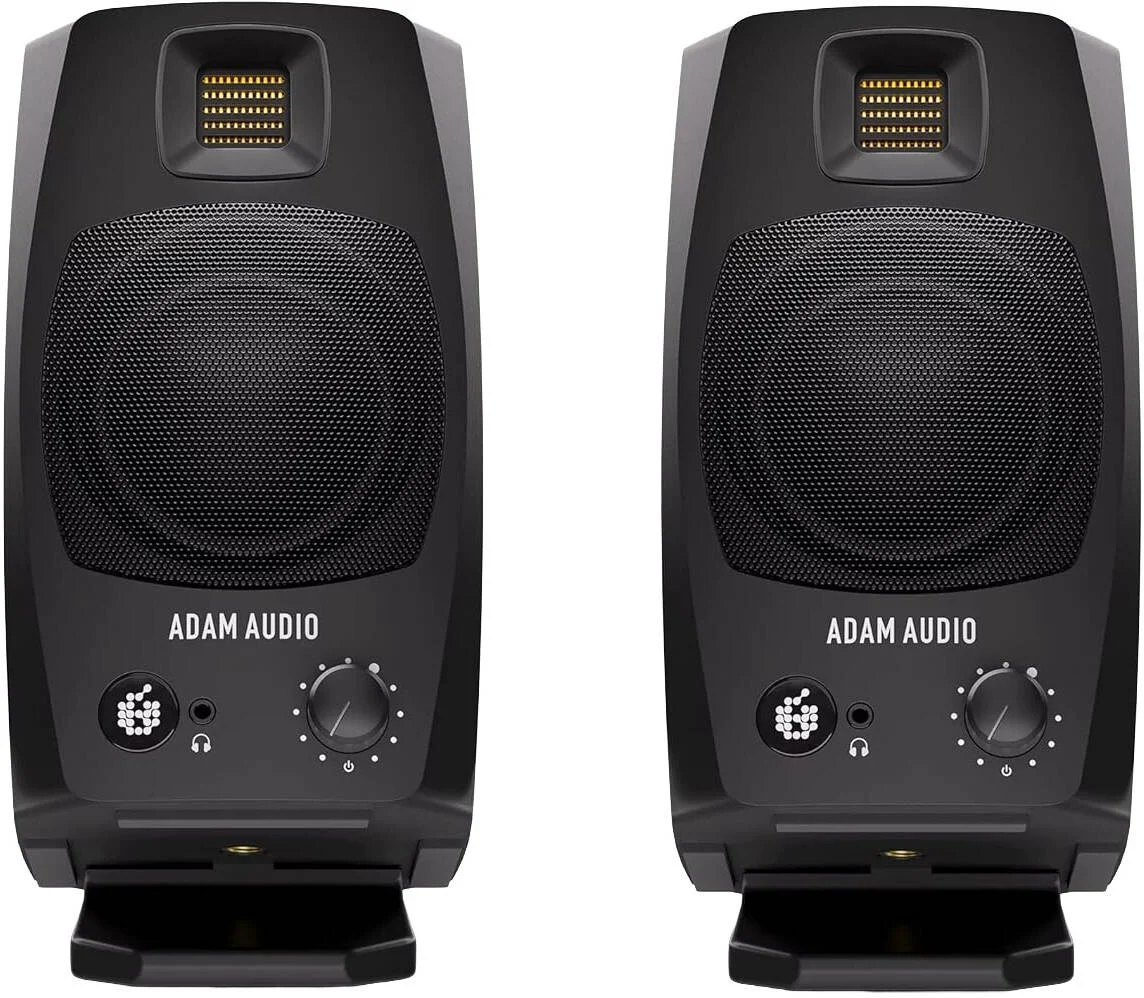 اسپیکرهای رومیزی ADAM AUDIO D3V، ووفر با قطر سبد 3.5 اینچ، نوع توییتر D-ART، رادیاتور دوگانه پسیو، اتصالات آنالوگ TRS، جنس مخروطی آلومینیومی یک تکه، مشکی | D3V-Black