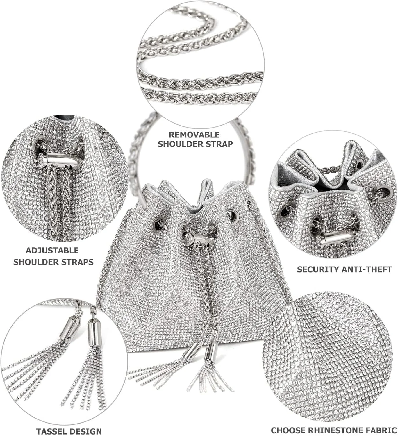 کیف دستی دوشی، کیف سطلی مجلسی نگین دار فشن، کیف کلاچ الماس، برای مهمانی های زنانه، باشگاه، عروسی، شب های قرار (نقره ای)