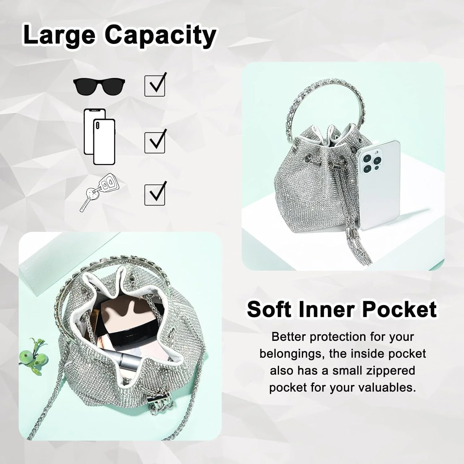 کیف دستی دوشی، کیف سطلی مجلسی نگین دار فشن، کیف کلاچ الماس، برای مهمانی های زنانه، باشگاه، عروسی، شب های قرار (نقره ای)