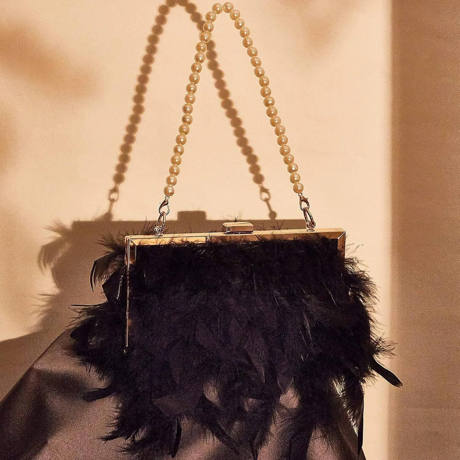 کیف دستی زنانه پر دار، کیف طراح خز عروس، با جزئیات حاشیه براق، کیف دستی مجلسی لوکس برای خانم ها، برای مهمانی شب عروسی