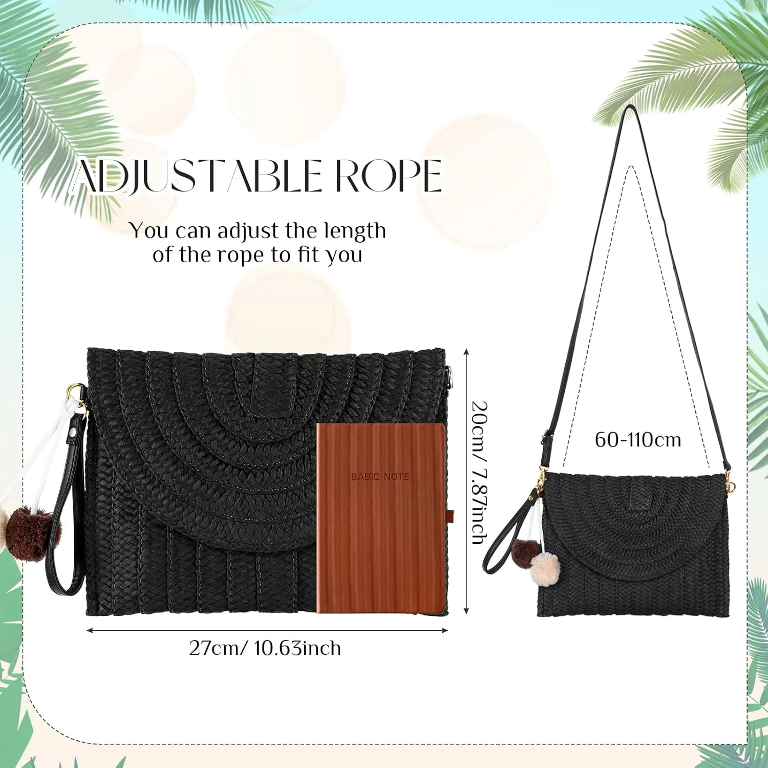 کیف دستی حصیری رودوشی Frienda، کیف کلاچ حصیری، کیف کراس بادی حصیری، کیف ساحلی حصیری دست ساز، کیف بافته شده از جنس خیزران زنانه، کیف پول پاکتی