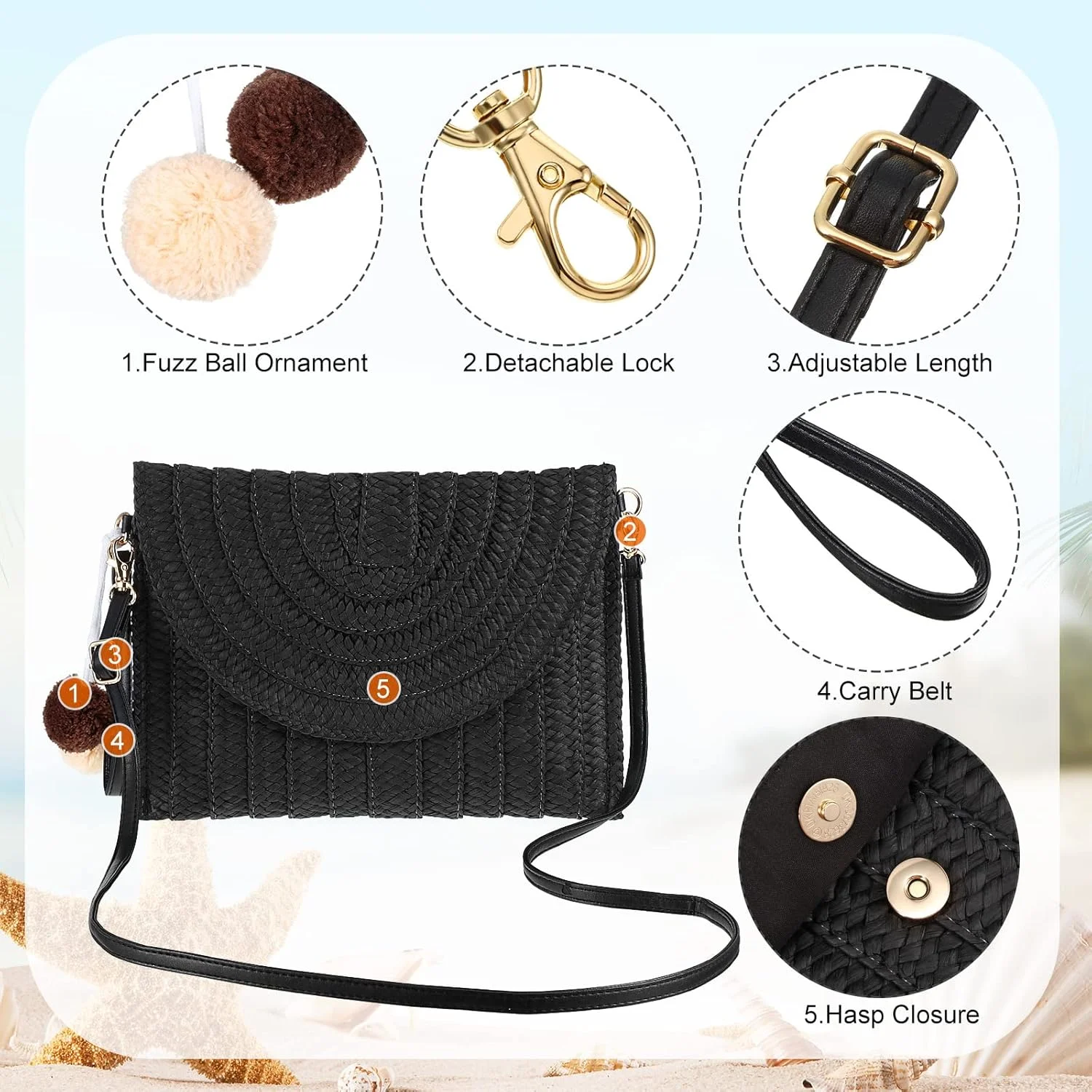 کیف دستی حصیری رودوشی Frienda، کیف کلاچ حصیری، کیف کراس بادی حصیری، کیف ساحلی حصیری دست ساز، کیف بافته شده از جنس خیزران زنانه، کیف پول پاکتی