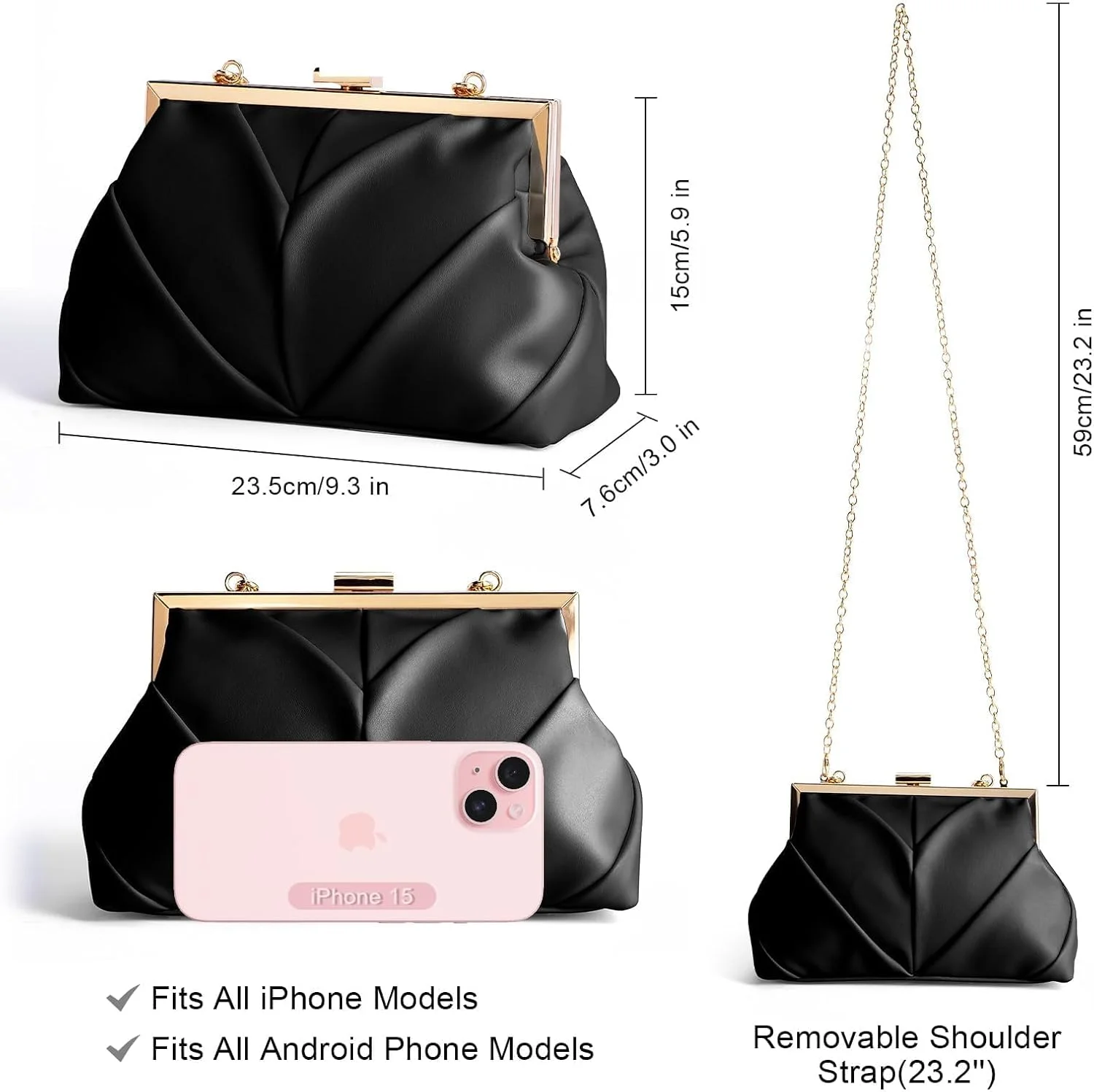 کیف دستی کلاچ زنانه، کیف مجلسی چرم مصنوعی PU شیک، کلاچ های رسمی مهمانی، کیف دستی کوکتل، کیف دستی شیک با بند زنجیری، کیف دستی مجلسی برای مهمانی، جشن، عروسی، عروس (مشکی)