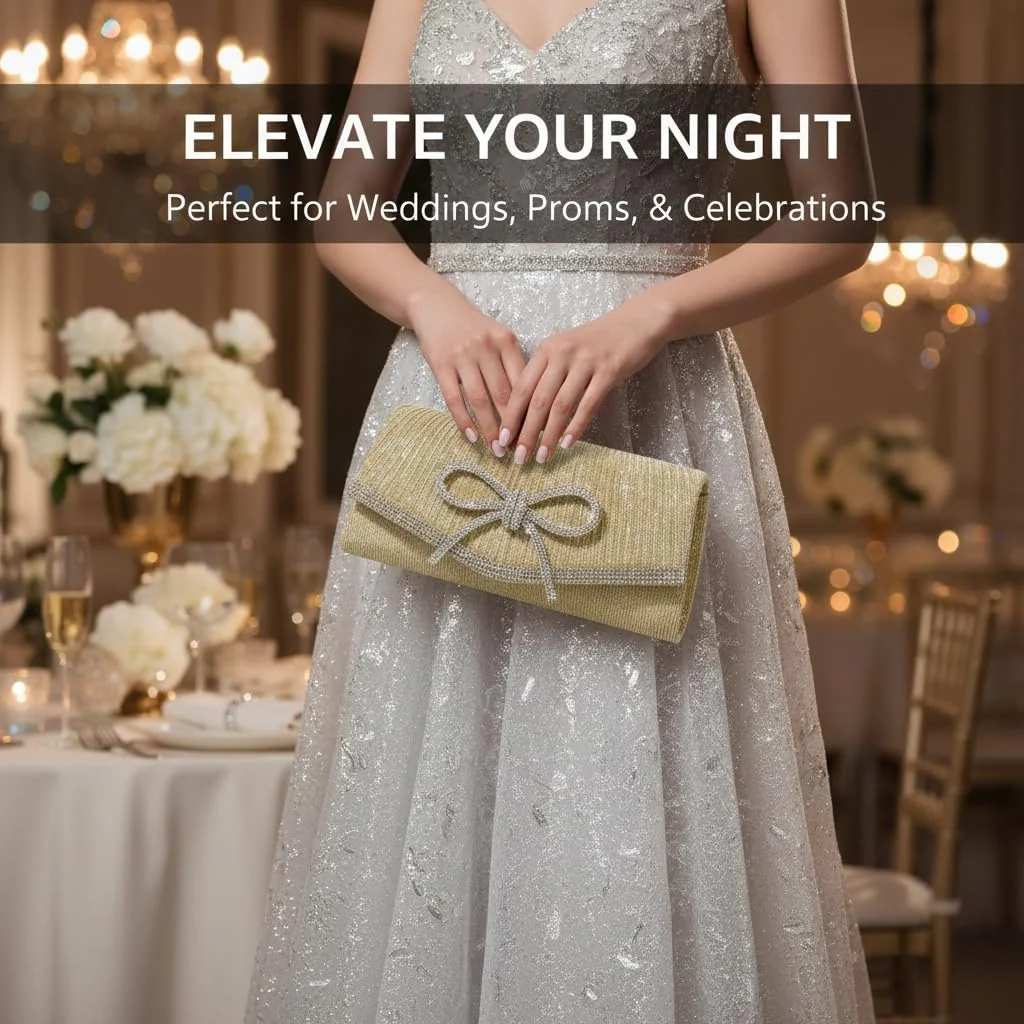 کیف دستی مجلسی پاپیونی زنانه، کیف پول براق نگین دار مناسب عروسی، مهمانی و جشن