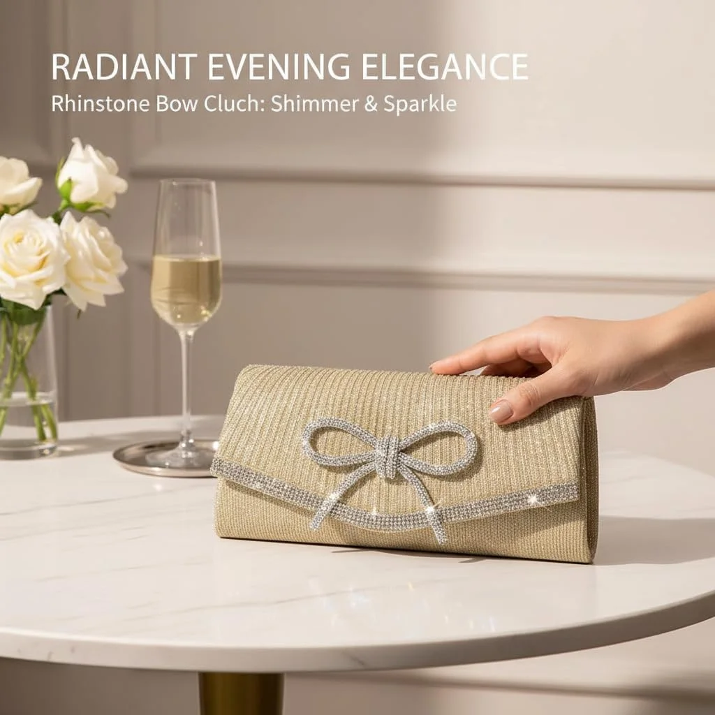 کیف دستی مجلسی پاپیونی زنانه، کیف پول براق نگین دار مناسب عروسی، مهمانی و جشن