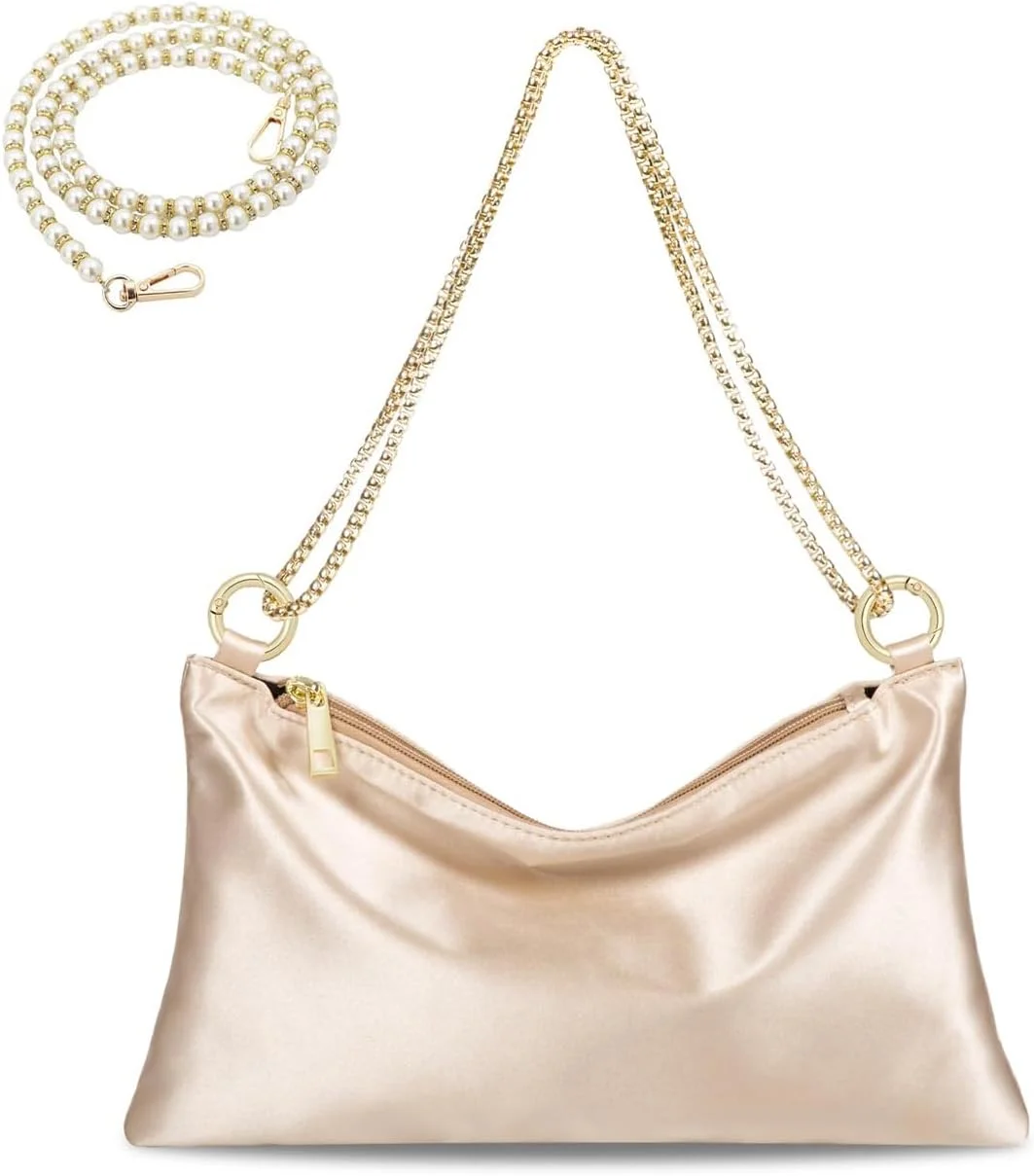 کیف دستی مجلسی زنانه اکسفور از جنس ساتن، کیف شانه ای، کیف کلاچ عروسی، کیف رسمی مهمانی با 2 زنجیر کیف برای مهمانی، جشن عروسی، کنسرت (ساتن شامپاین)