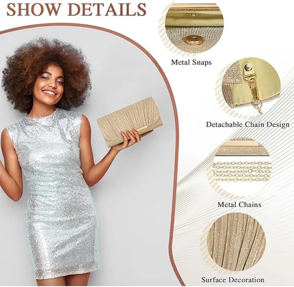 کیف دستی مجلسی زنانه، کیف کوچک براق پولکی با زنجیر جداشدنی مناسب لباس رسمی، عروسی، مهمانی