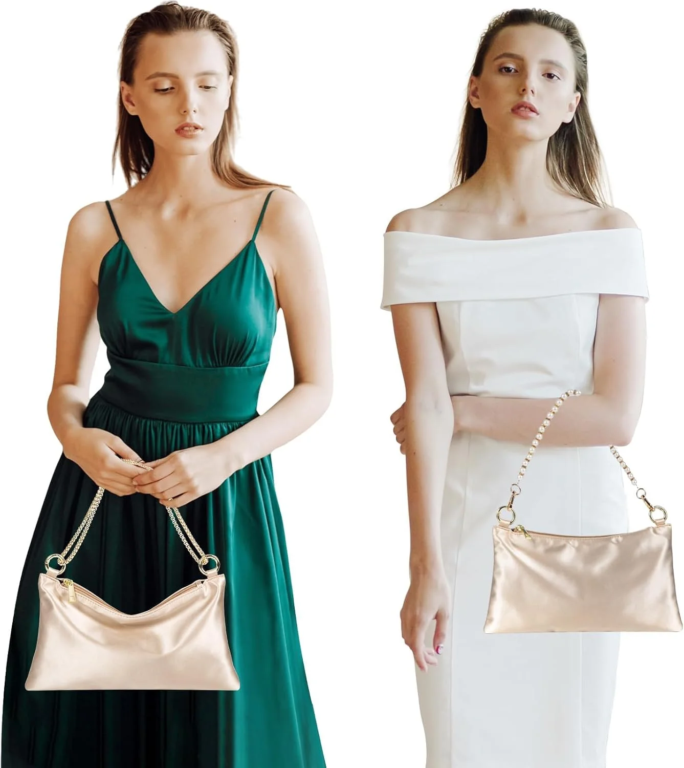 کیف دستی مجلسی زنانه اکسفور از جنس ساتن، کیف شانه ای، کیف کلاچ عروسی، کیف رسمی مهمانی با 2 زنجیر کیف برای مهمانی، جشن عروسی، کنسرت (ساتن شامپاین)