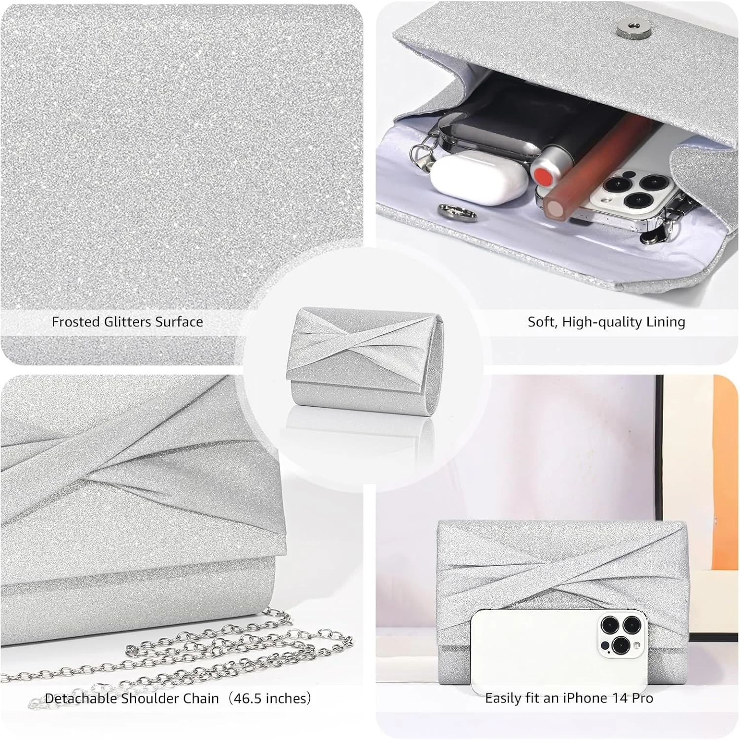 کیف دستی نقره ای مجلسی زنانه، کیف عروسی با زنجیر، کیف کلاچ کوچک طرح الماس زنانه برای مهمانی و جشن