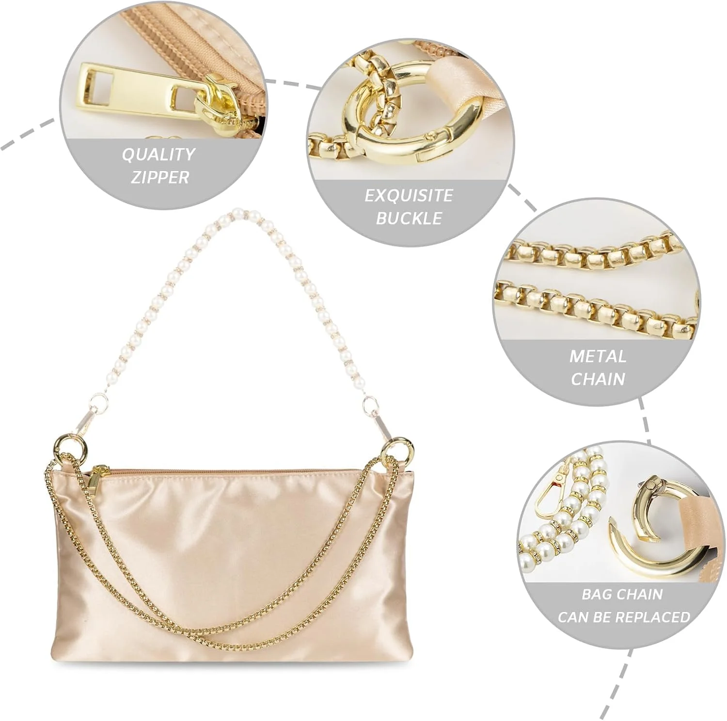 کیف دستی مجلسی زنانه اکسفور از جنس ساتن، کیف شانه ای، کیف کلاچ عروسی، کیف رسمی مهمانی با 2 زنجیر کیف برای مهمانی، جشن عروسی، کنسرت (ساتن شامپاین)