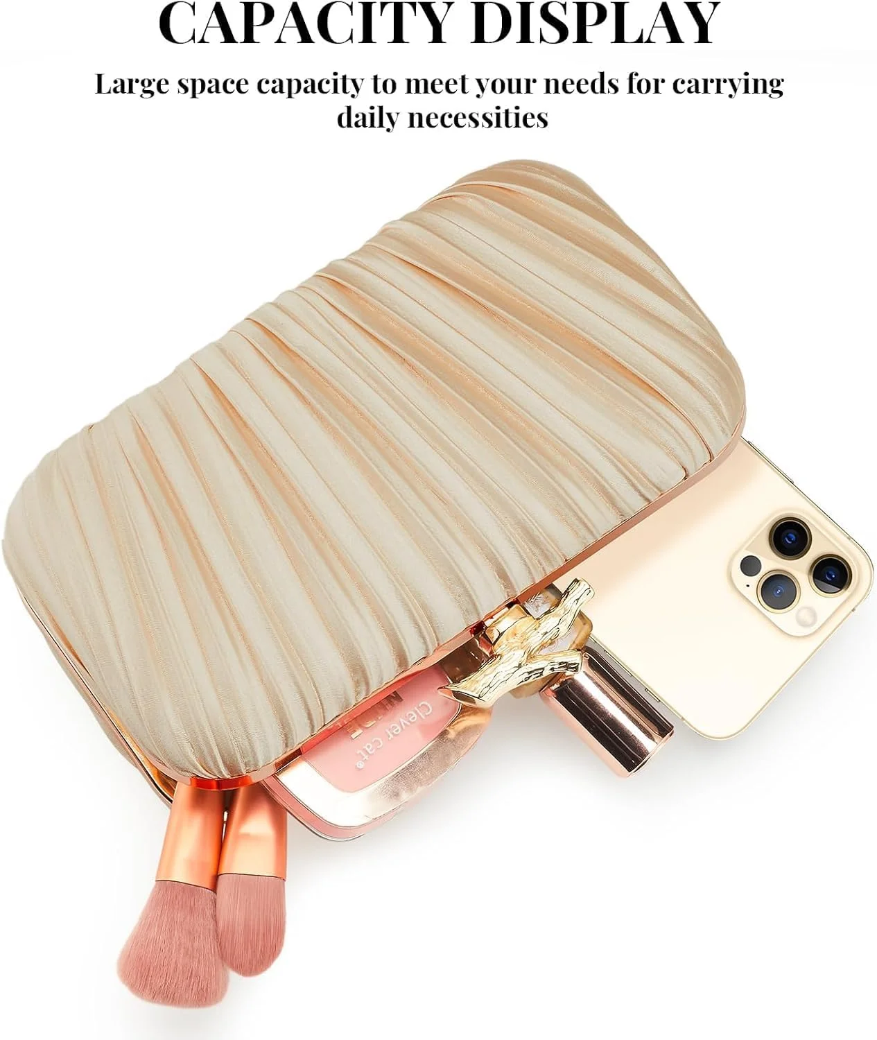 کیف دستی مجلسی زنانه، کیف پول مهمانی اکلیلی و درخشان زنانه با زنجیر جداشدنی، کیف دستی عروسی، طلایی شامپاین