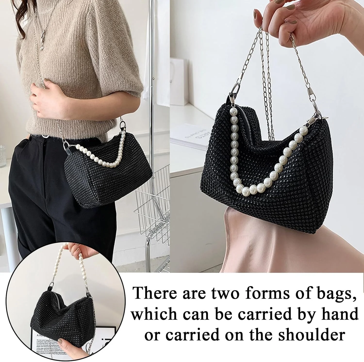 کیف دستی مشکی شیک، کیف مجلسی کوچک زنانه با بند زنجیری مرواریدی، کیف دستی مهمانی شیک زنانه برای عروسی، مهمانی های کوکتل، جشن ها، ضیافت ها و مراسم رسمی