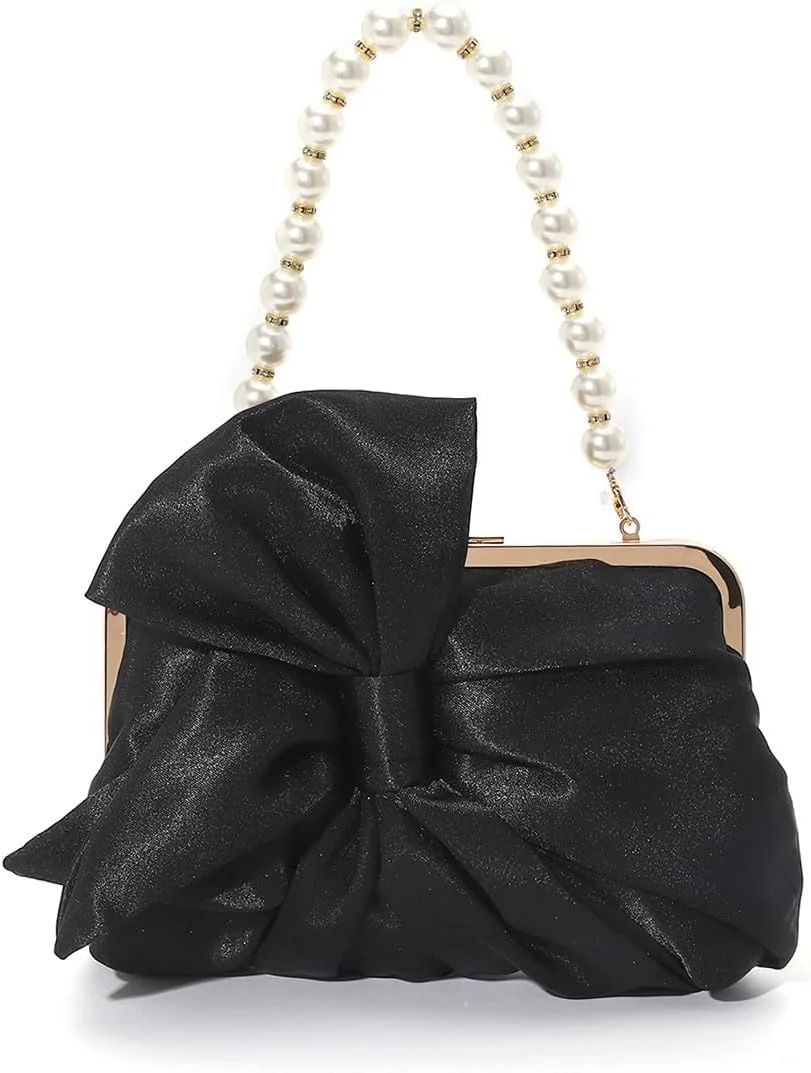 کیف دستی مجلسی زنانه ساتن پلیسه دار با پاپیون و زنجیر، کیف کوچک عروس، کیف دستی مهمانی برای مراسم رسمی