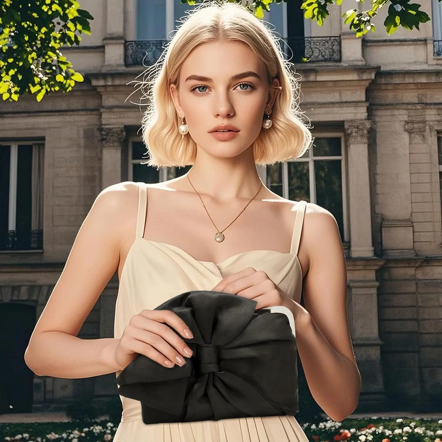 کیف دستی مجلسی زنانه ساتن پلیسه دار با پاپیون و زنجیر، کیف کوچک عروس، کیف دستی مهمانی برای مراسم رسمی