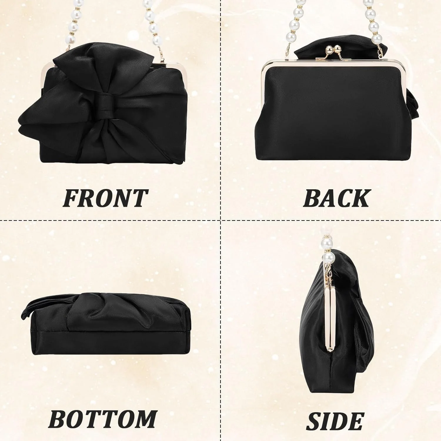 کیف دستی مجلسی زنانه ساتن پلیسه دار با پاپیون و زنجیر، کیف کوچک عروس، کیف دستی مهمانی برای مراسم رسمی