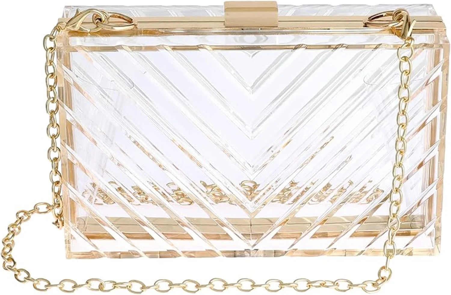 کیف دستی مجلسی زنانه، کیف کلاچ جعبه ای اکریلیک شفاف، کیف کوچک دوشی شفاف، بند زنجیر طلایی مناسب استادیوم