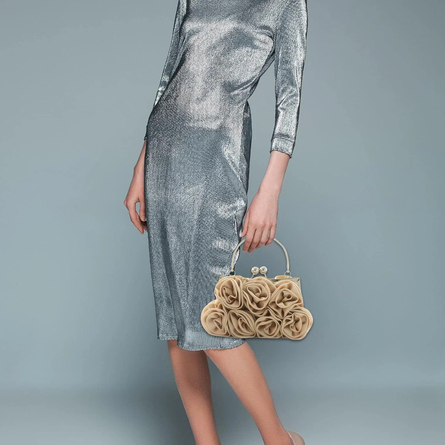 کیف دستی مجلسی زنانه ساتن گلدار کوچک با بند جداشدنی برای عروسی، مهمانی، جشن