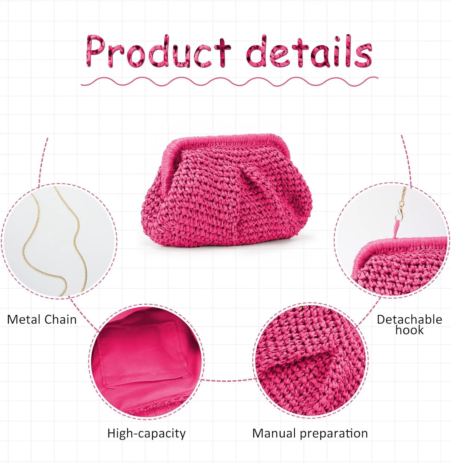 کیف کلاچ حصیری زنانه مدل ابر، کیف دستی دوشی حصیری ساحلی تابستانی