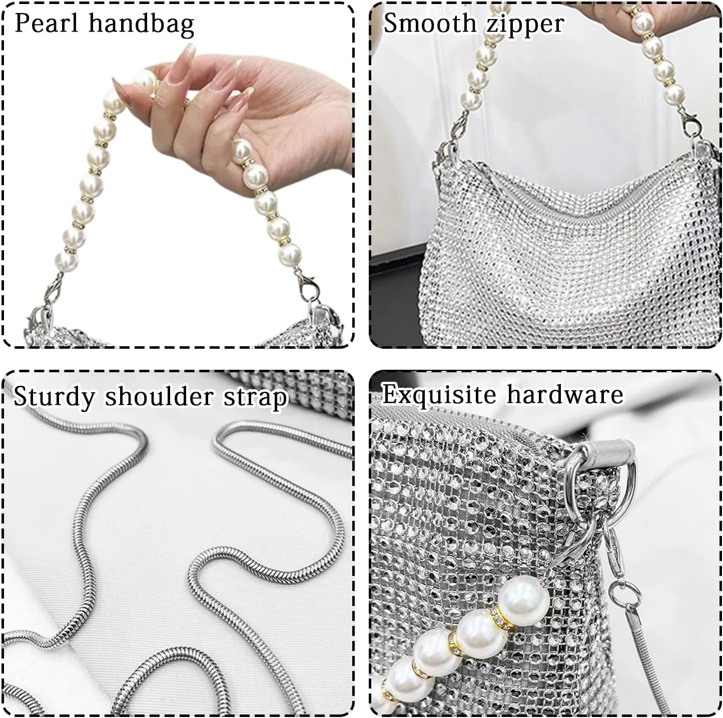 کیف کلاچ نقره ای، کیف دستی مجلسی زنانه نگین دار، کیف دستی براق مهمانی شب، کیف کلاچ عروسی جمع و جور، کیف براق رسمی، برای خانم ها، دختران، مهمانی عروسی شب