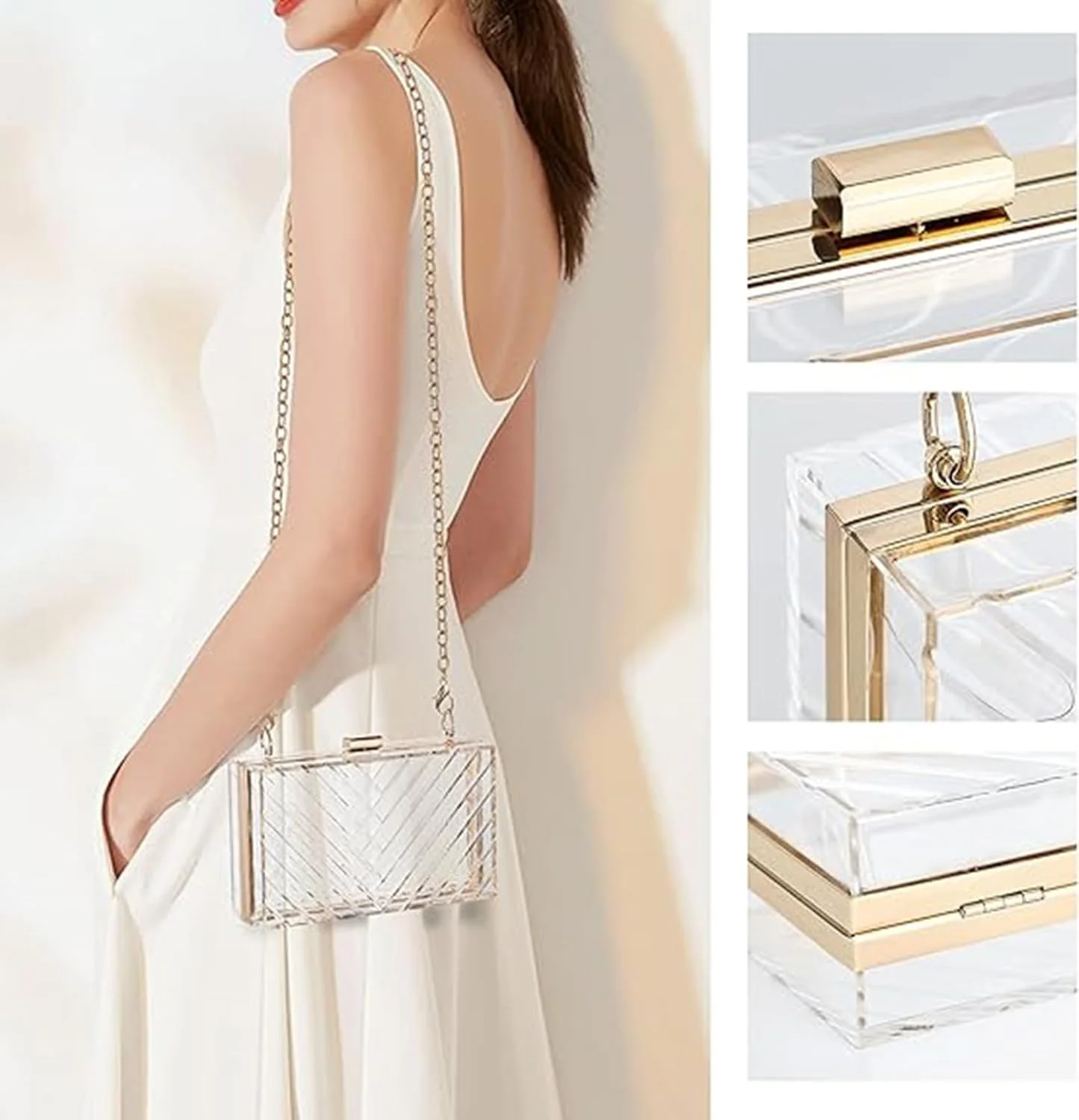 کیف دستی مجلسی زنانه، کیف کلاچ جعبه ای اکریلیک شفاف، کیف کوچک دوشی شفاف، بند زنجیر طلایی مناسب استادیوم