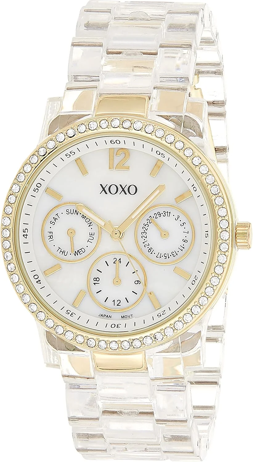 ساعت مچی زنانه آکو تایم XOXO XO5527 با صفحه نمایش آنالوگ و نگین، بدنه طلایی