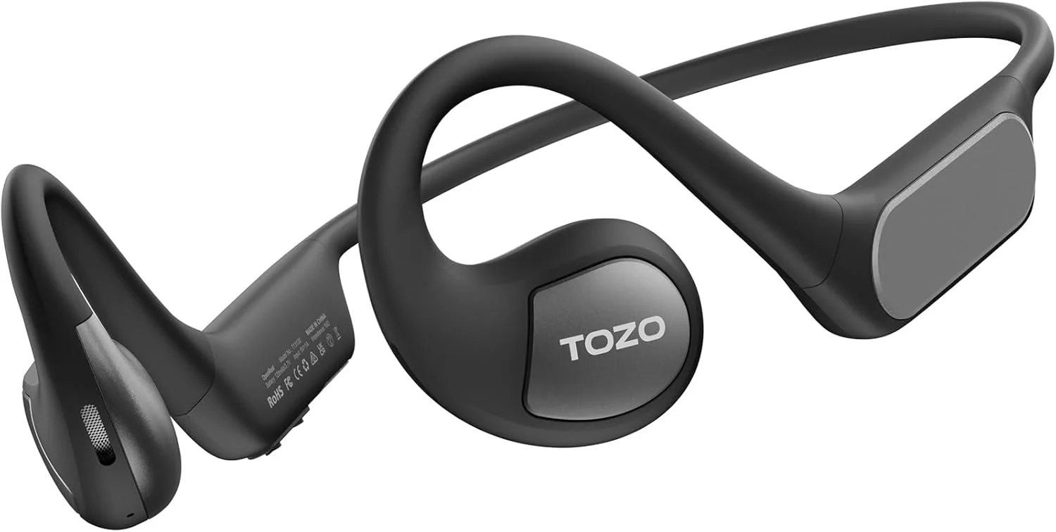 هدفون های بلوتوثی TOZO OpenReal با طراحی گوش باز، هدست های ورزشی بی سیم با انتقال هوا، صدای عالی، میکروفون دوگانه با قابلیت حذف نویز، به همراه هدبند مناسب دوچرخه سواری - مشکی مات