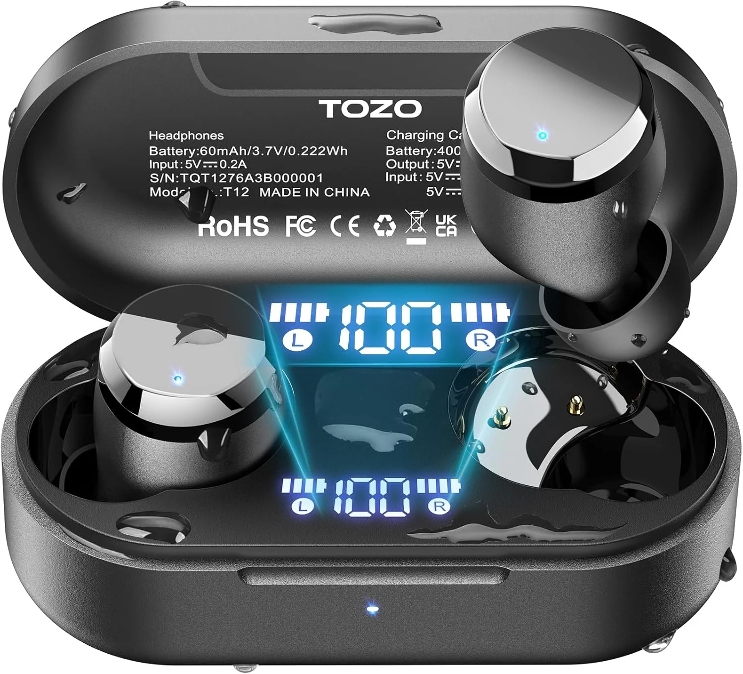 هدفون بی‌سیم TOZO T12 بلوتوث 5.3 با میکروفون حذف نویز ENC، پخش 55 ساعته، سفارشی‌سازی EQ از طریق اپلیکیشن، ضدآب IPX8، نمایشگر دیجیتال LED، صدای عالی - مشکی
