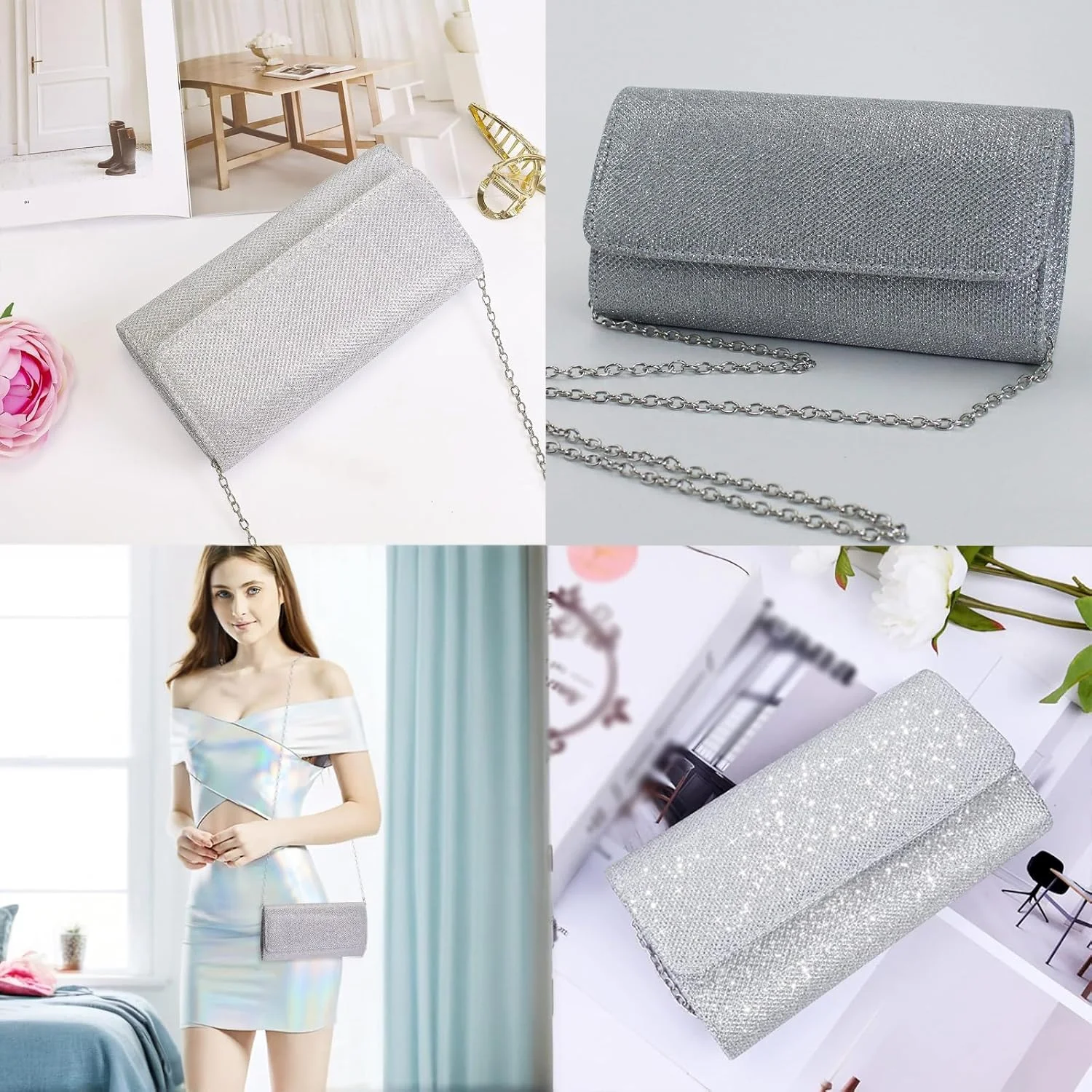 کیف دستی مجلسی زنانه با نگین های درخشان و زنجیر جداشدنی - طراحی پاکتی شیک برای بانوان - اکسسوری جذاب برای شب نشینی یا مراسم رسمی