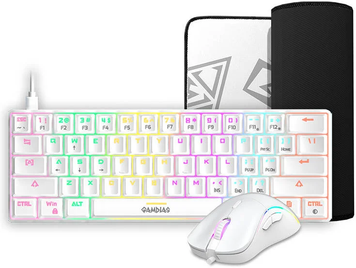 ست گیمینگ 3 در 1 Gamdias Hermes E4 شامل کیبورد مکانیکی RGB با سوییچ قرمز، ماوس گیمینگ ارگونومیک RGB و ماوس پد گیمینگ بزرگ ضد لغزش، سفید | GD-HERMES-E4-3-IN-1-COMB