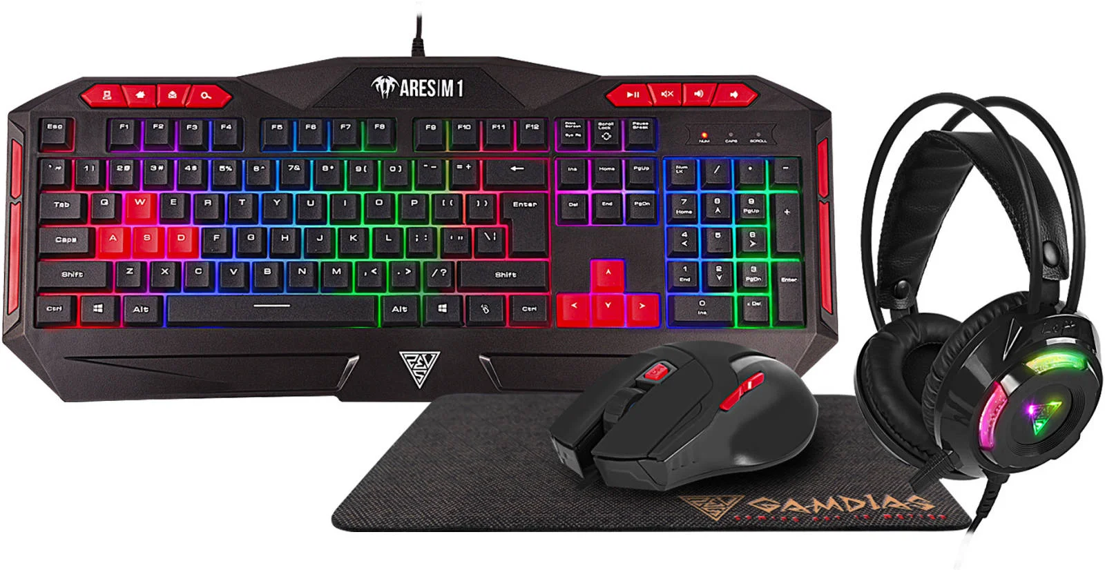 ست ۴ در ۱ گیمدیاس POSEIDON M2 شامل کیبورد RGB، هدست نورپردازی با درایور ۴۰ میلی‌متری، ماوس ارگونومیک ۳۶۰۰ DPI و ماوس پد بزرگ ضد لغزش | GD-POSEIDON-M2