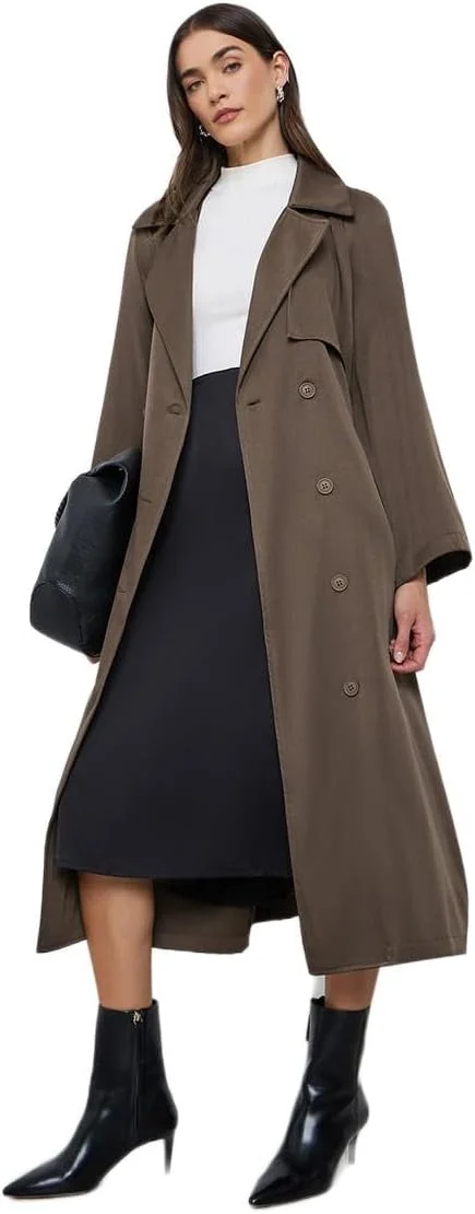 استایلی زنانه قهوه ای تِرَنچ کت میدی با تن خور معمولی