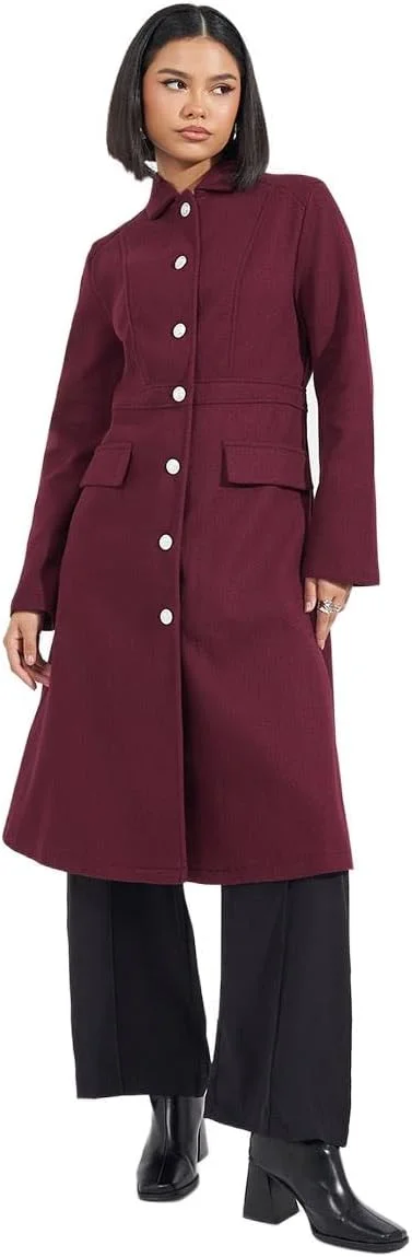 استایلی زنانه کت پشمی دکمه دار با قد تا زانو و برش معمولی