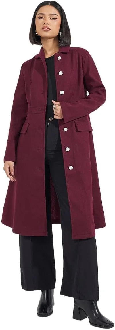 استایلی زنانه کت پشمی دکمه دار با قد تا زانو و برش معمولی