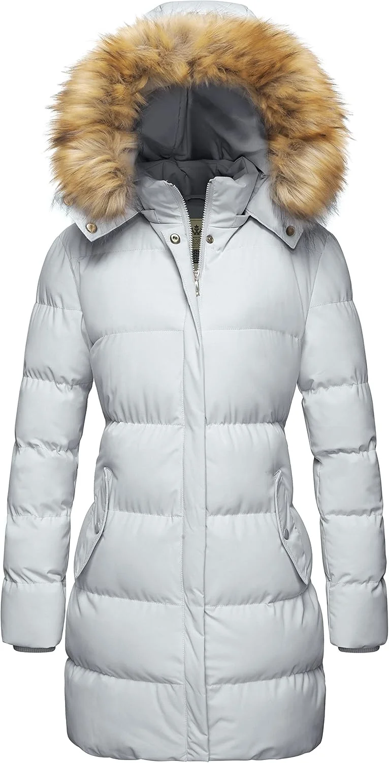 کاپشن پفی زنانه WenVen با کلاه خزدار جداشدنی (آبی، مدیوم)