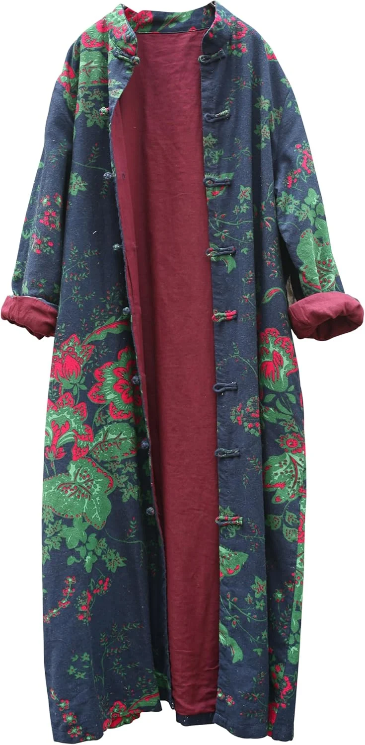 LZJN بارانی زنانه کتان و لینن با طرح گل و جیب