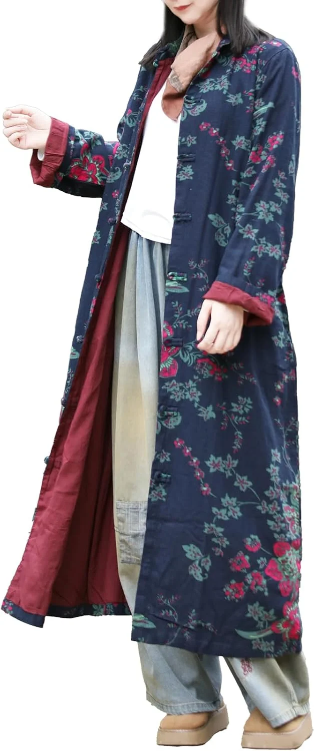 LZJN بارانی زنانه کتان و لینن با طرح گل و جیب