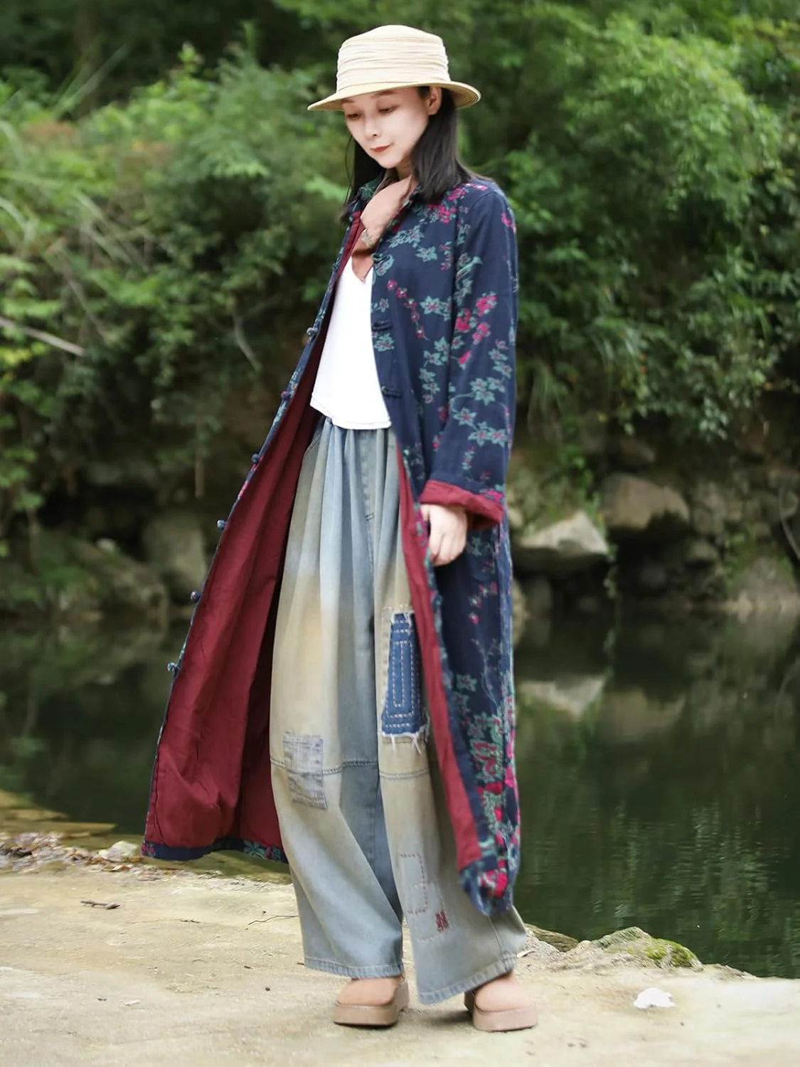 LZJN بارانی زنانه کتان و لینن با طرح گل و جیب