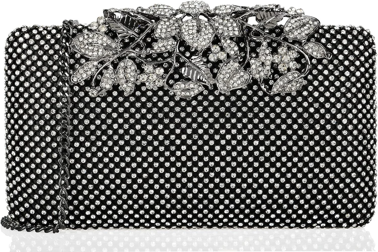 کیف دستی مجلسی زنانه نگین دار DEXMAY DM با قفل گل کریستالی، کیف دستی شب رسمی، مدل کریستالی/مشکی، متوسط (20023)