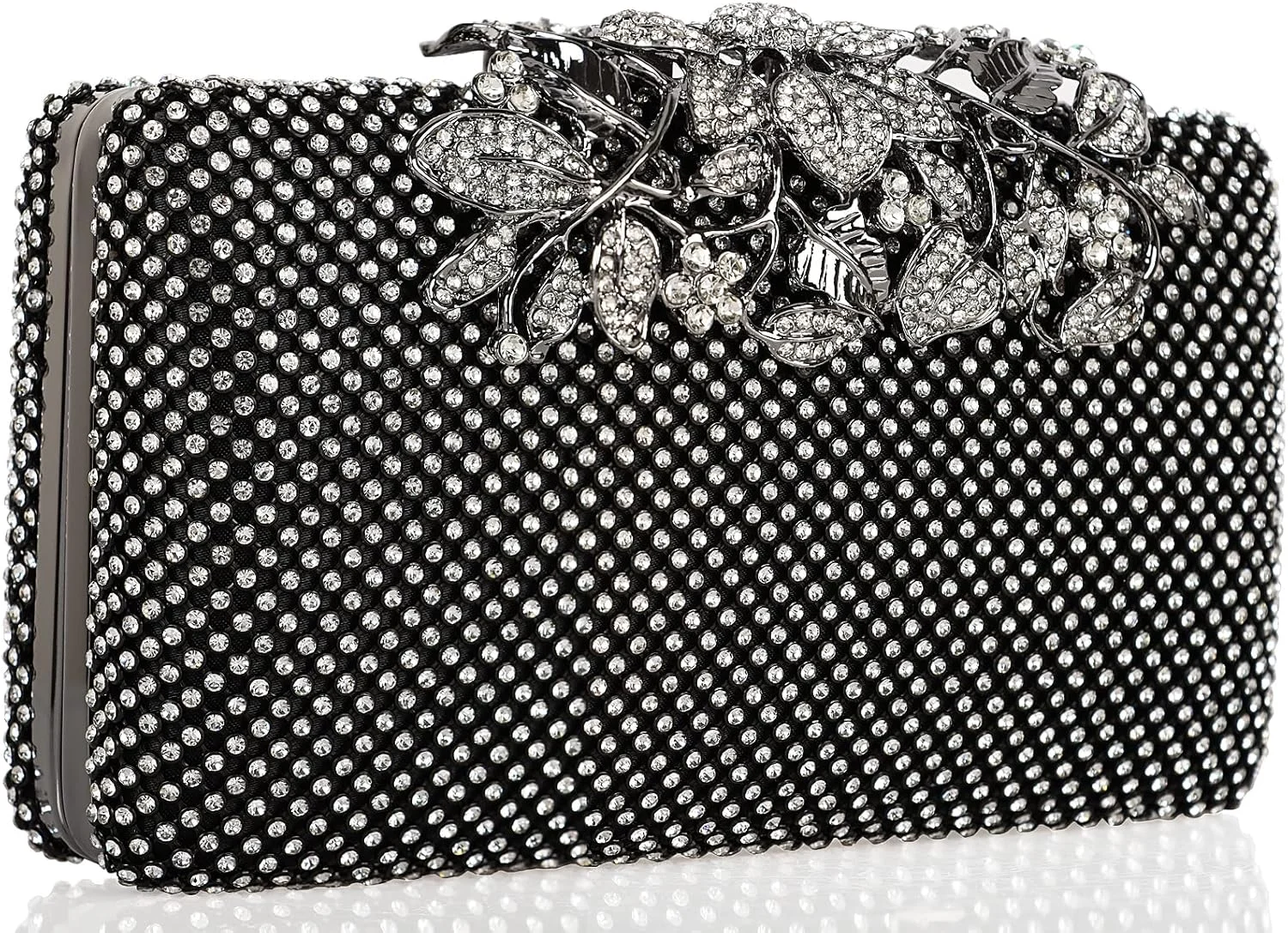 کیف دستی مجلسی زنانه نگین دار DEXMAY DM با قفل گل کریستالی، کیف دستی شب رسمی، مدل کریستالی/مشکی، متوسط (20023)