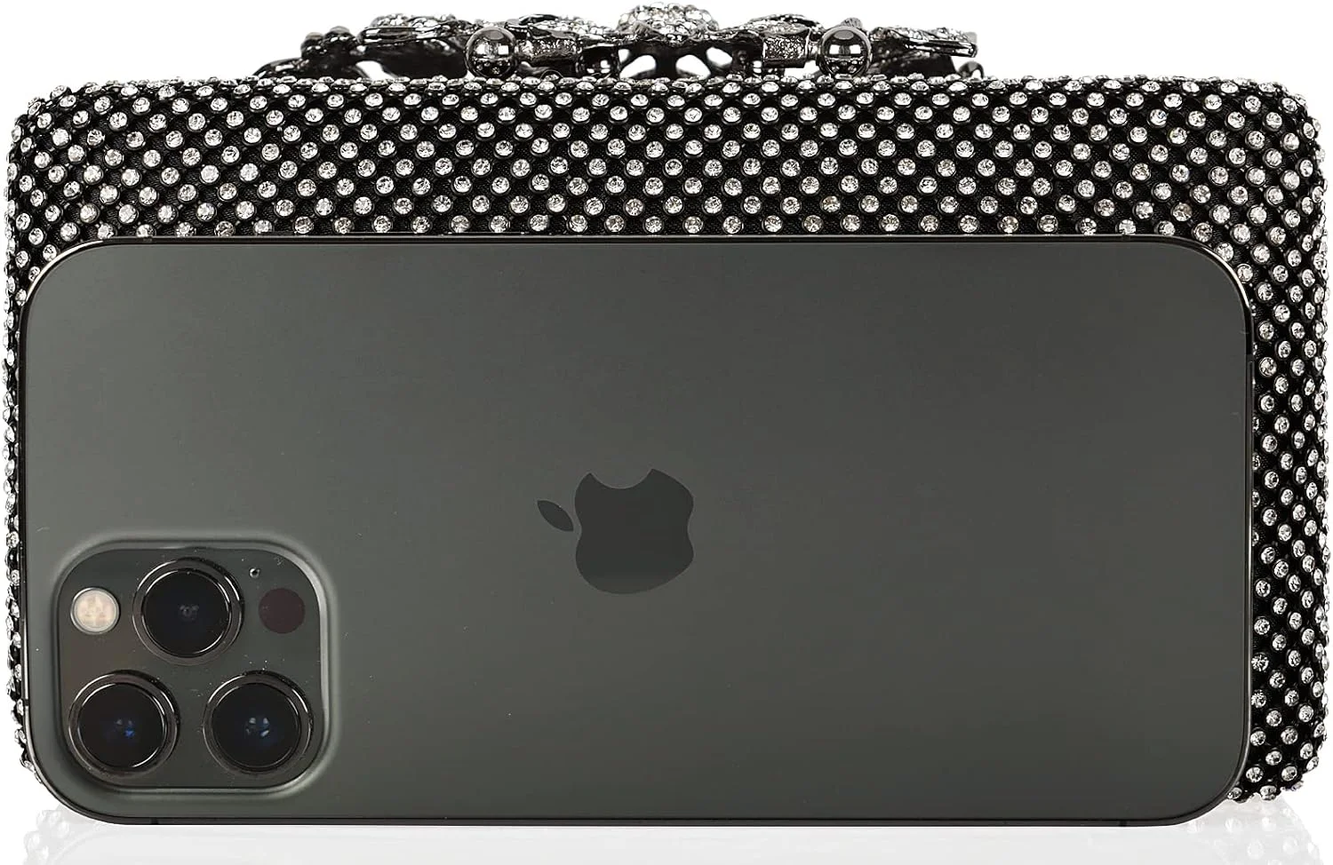 کیف دستی مجلسی زنانه نگین دار DEXMAY DM با قفل گل کریستالی، کیف دستی شب رسمی، مدل کریستالی/مشکی، متوسط (20023)