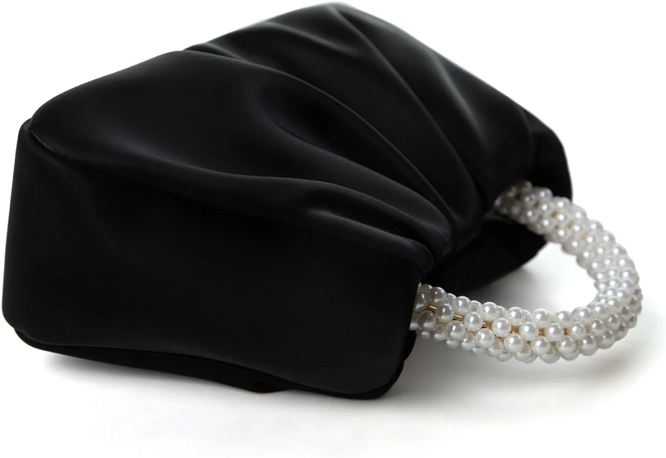 کیف دستی مجلسی زنانه با دسته مرواریدی، کیف دوشی چرم نرم با بند جداشدنی (مشکی، 20cm x 7.5cm x 11cm)