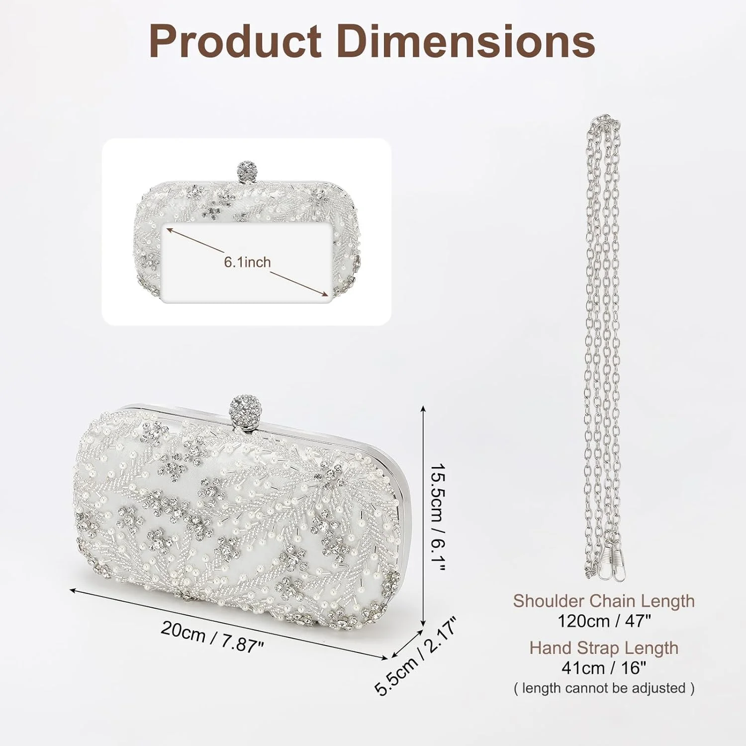 کیف دستی مجلسی زنانه، کیف کلاچ رسمی عروس، کیف شانه ای نگین دار با زنجیر درخشان