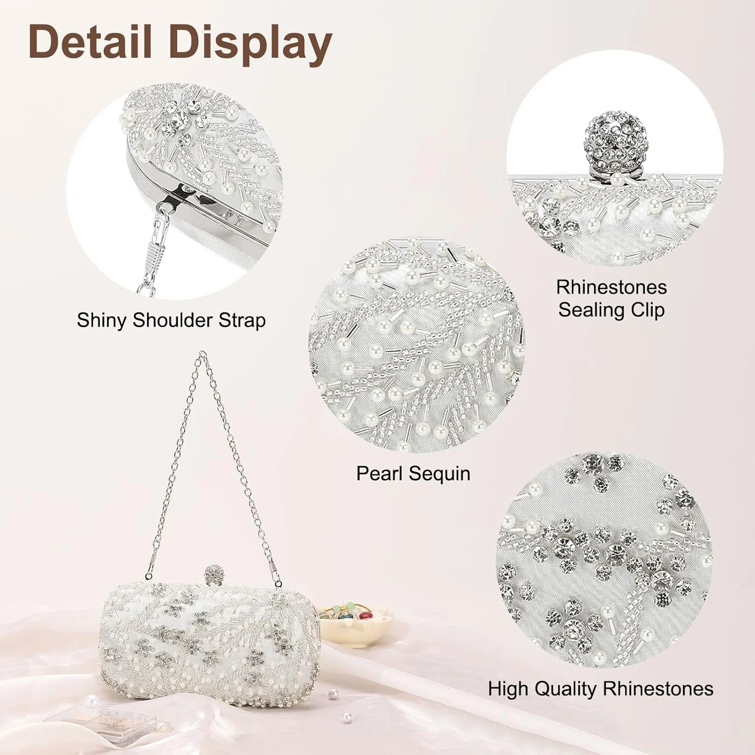 کیف دستی مجلسی زنانه، کیف کلاچ رسمی عروس، کیف شانه ای نگین دار با زنجیر درخشان