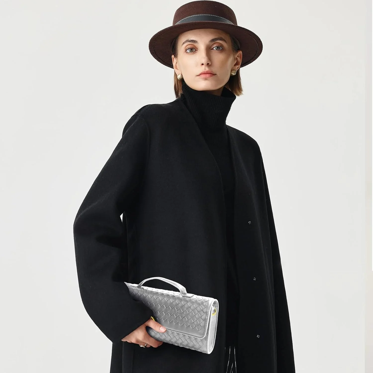 کیف دستی چرمی نرم با رنگ ثابت بافته شده، کیف دوشی، کیف مهمانی زنانه