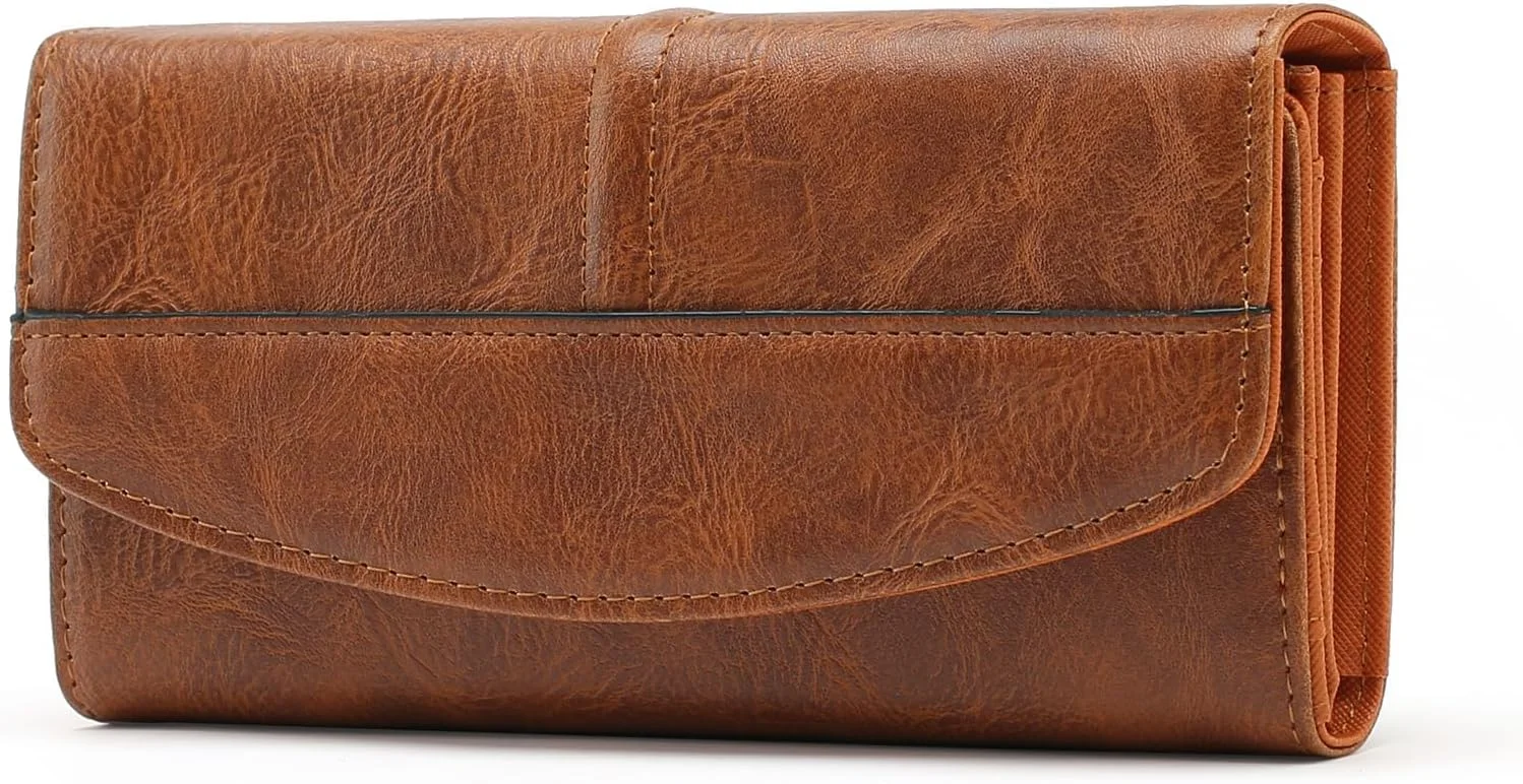کیف پول چرم زنانه، کیف کلاچ بلند با چندین جای کارت و جیب سکه زیپ دار، نگهدارنده تلفن با ظرفیت بزرگ، قهوه ای