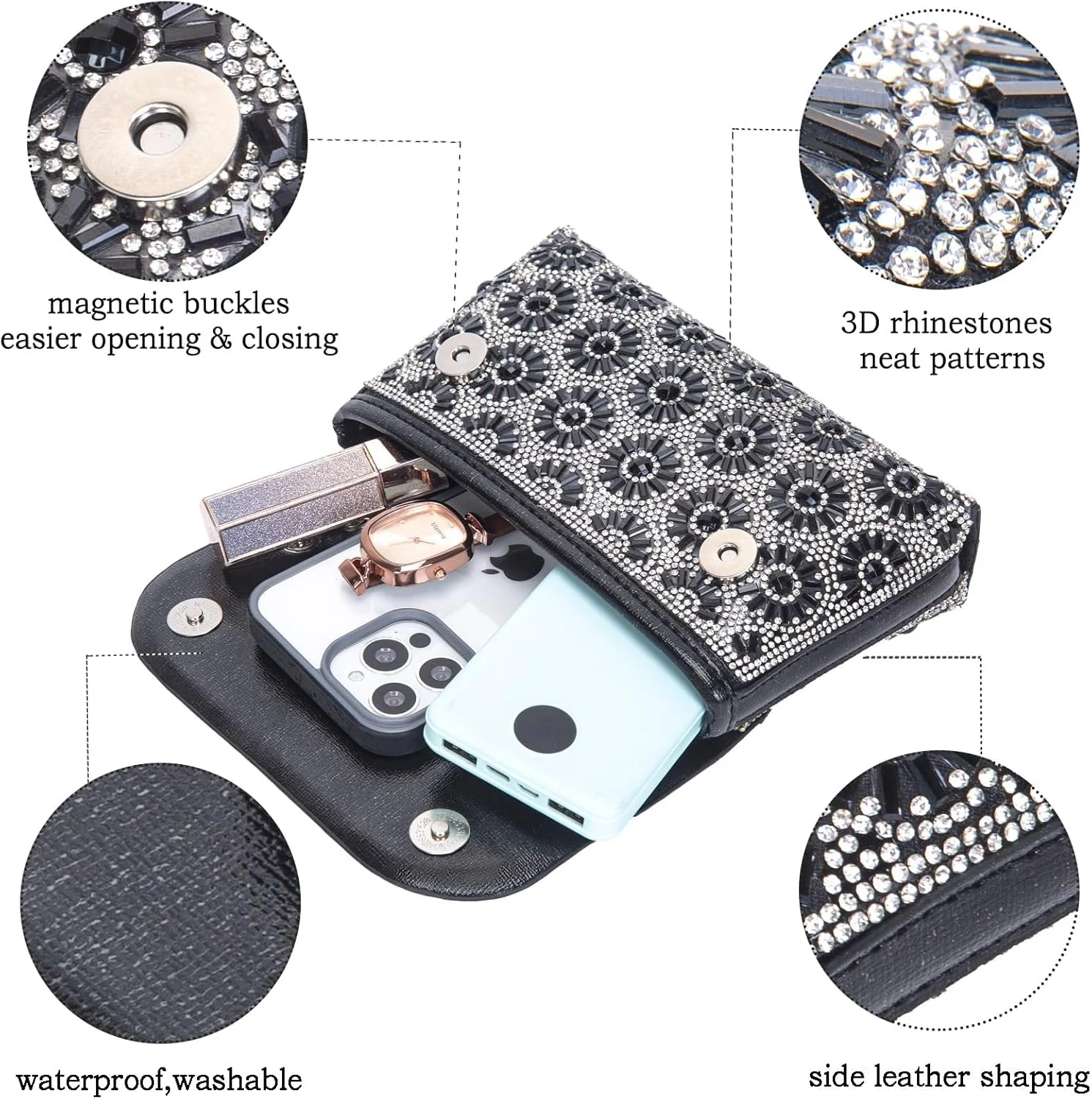 کیف دستی کلاچ با زنجیر و تزیینات کریستالی نگین دار، کیف دوشی، کیف مجلسی، کیف کراس بادی، کیف پول و کیف دستی با دکمه های مغناطیسی برای زنان و دختران